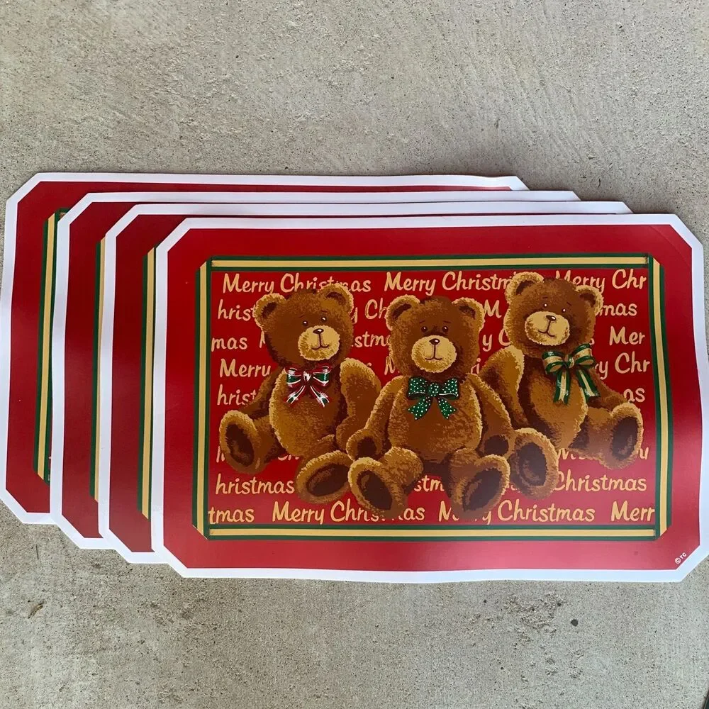 VTG Town & Country Christmas Vinyl Placemats Santa Bears 11.5”x17.5” Set Of 4